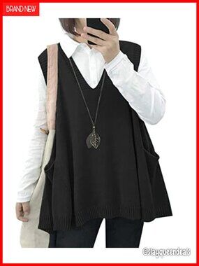 Loose Swing Cotton Oversized Knit Sweater Vest with Drop Pockets